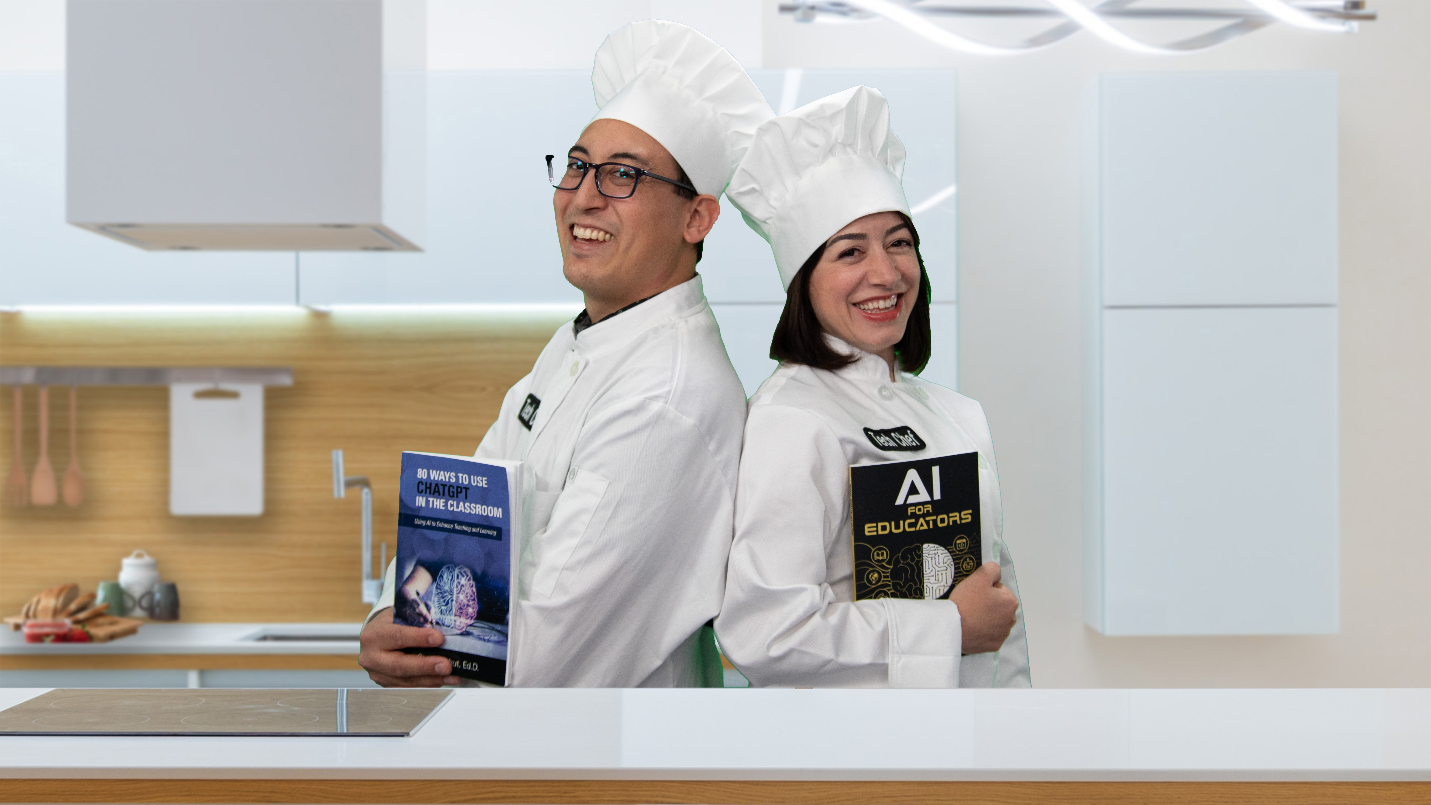 Chris Sharp and Leslie Mojeiko dressed up as culinary chefs and holding books about teaching with AI